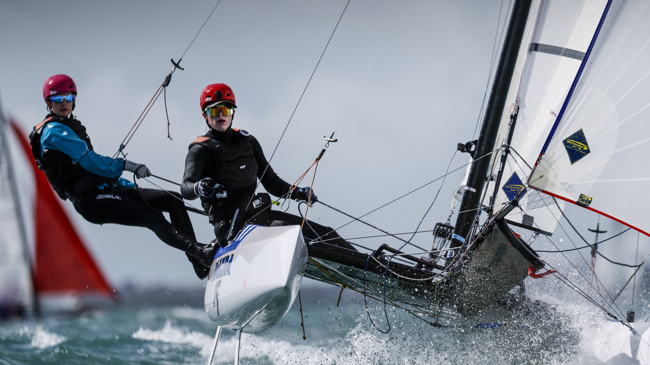 An image of Eloise Smith and Ollie Laker, sailing in boat Nacra,GBR 161