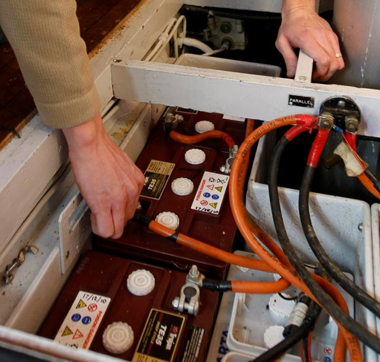 close up of electrical system batteries