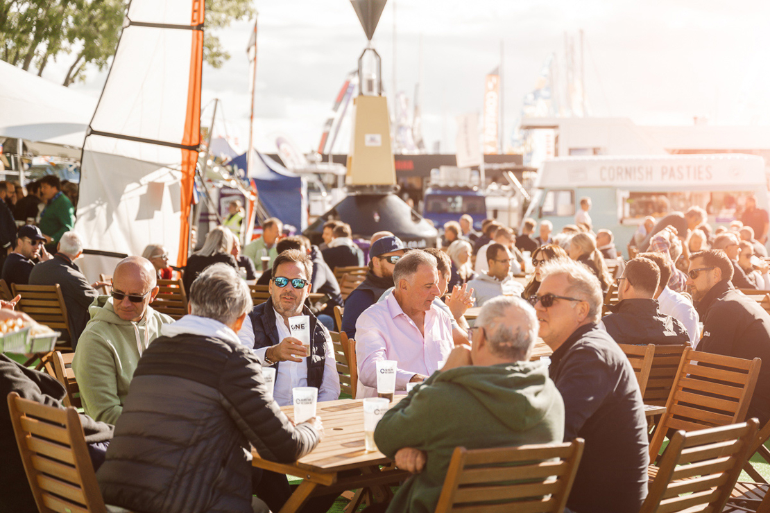 Sitting in the sunshine drinking at Southampton boat show 