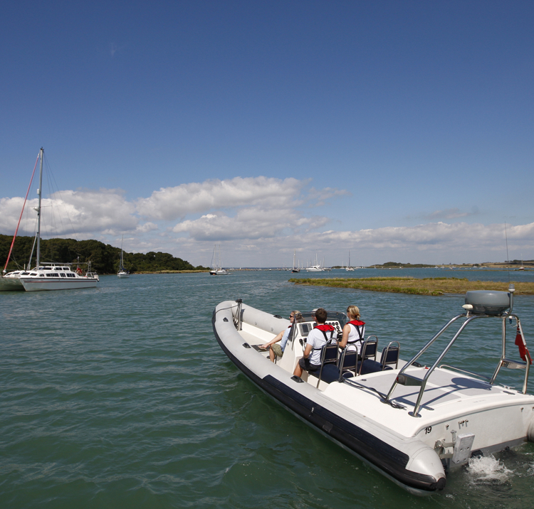 Rib and catamaran sailing in familiar waters on sunny day