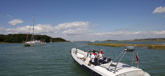 Jet RIB on river, catamaran