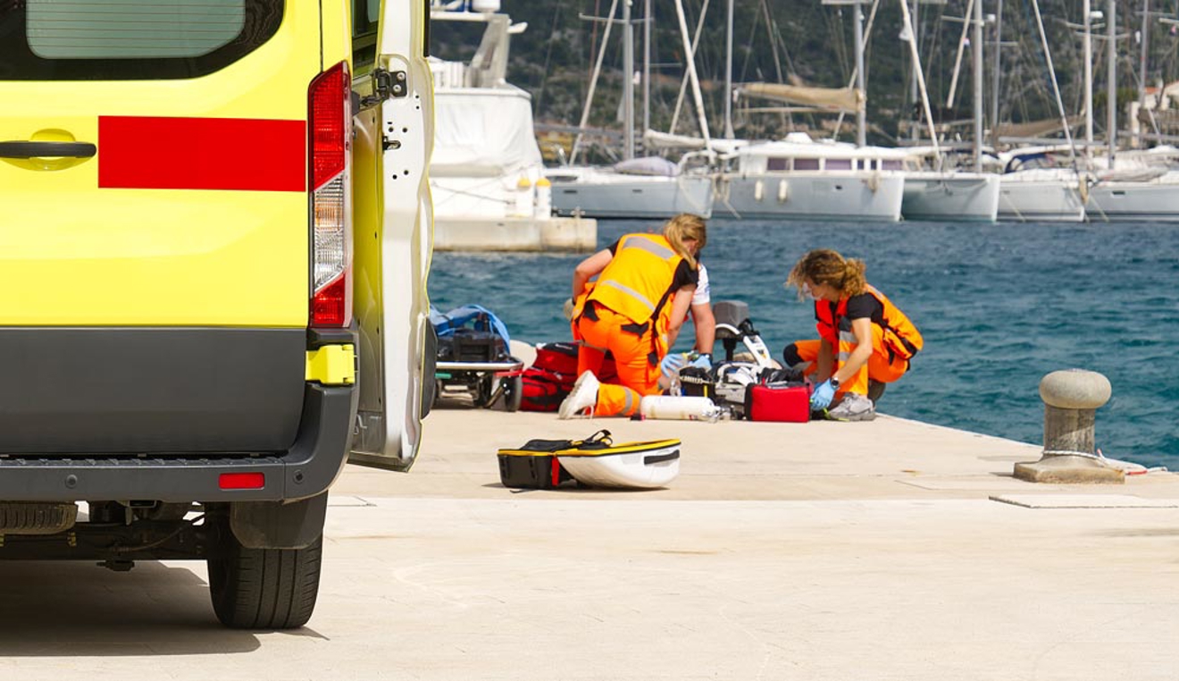 Ambulance parked at marina 